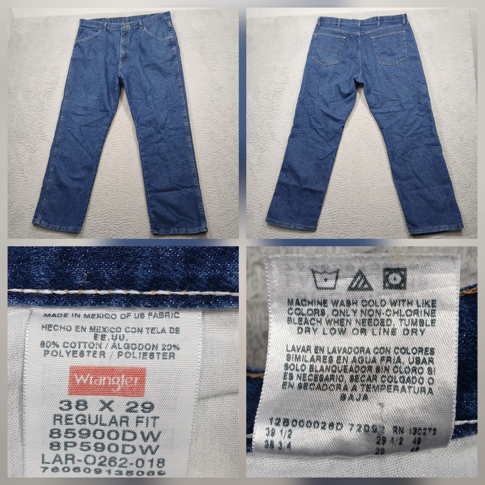 Wrangler Regular Fit Jeans Men 38x29 Blue Made in Mexico of USA Fabric